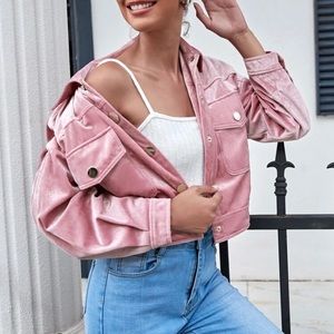 Flap Pocket Drop Shoulder Velvet Jacket